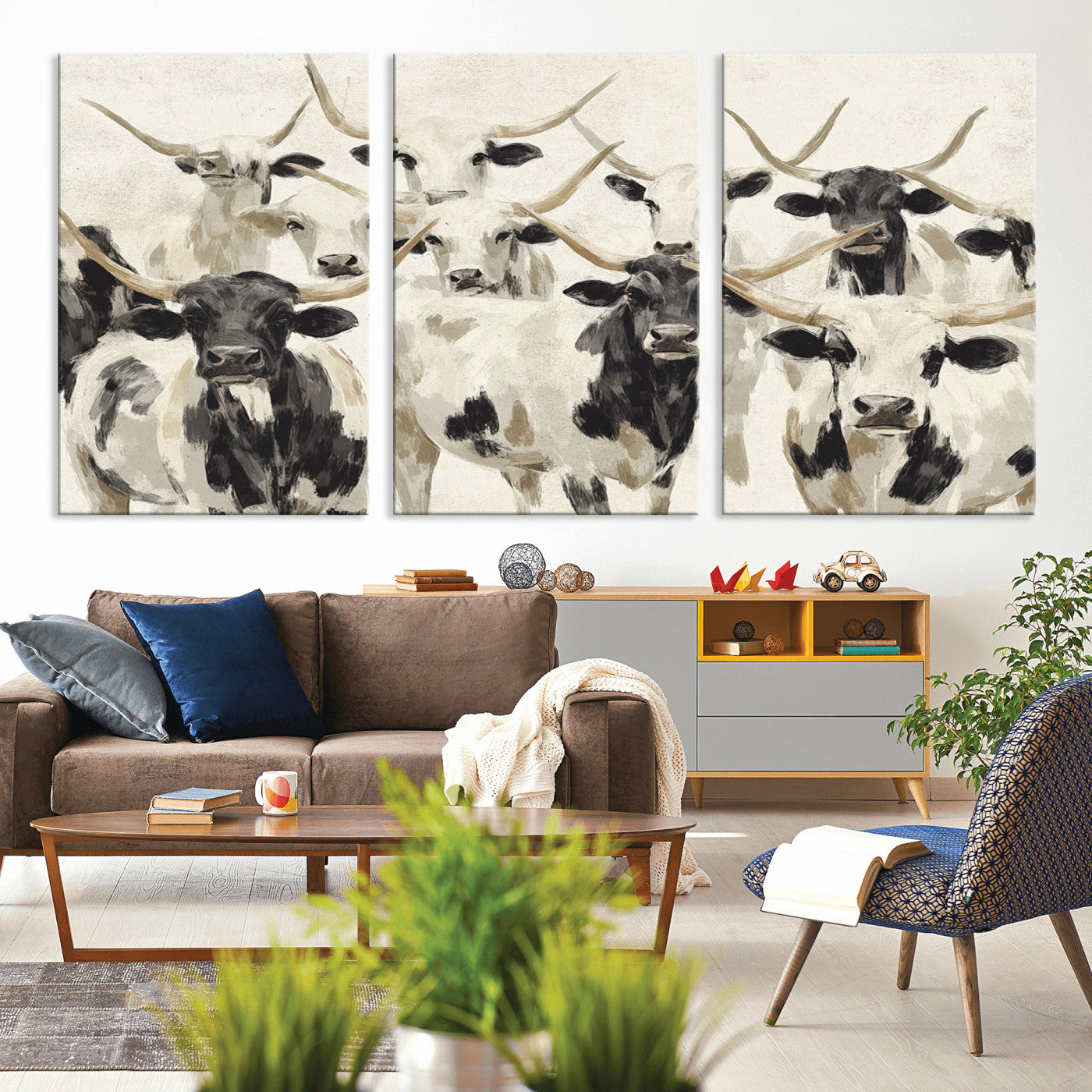 MGV-CV-60X30-3P - Longhorn Texas Cow Drawing Abstract Wall Art Canvas Print for Farmhouse Decor, Texas Bull Printing