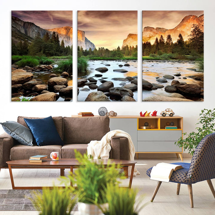 A tranquil riverside sunset mirrors the beauty of a Yosemite wall art masterpiece like the Large El Capitan Print.