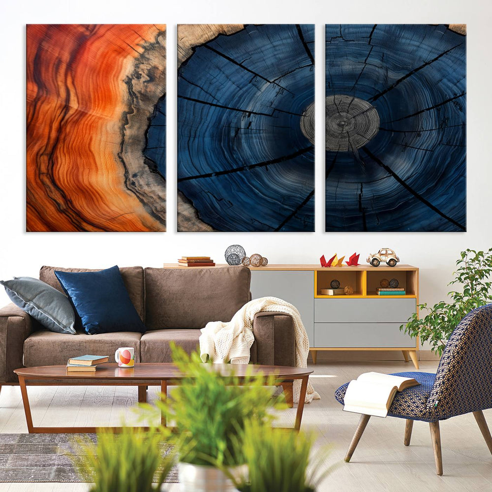 Abstract Tree Rings Canvas Print with vibrant colors—ideal farmhouse wall art for a woodland-themed home.