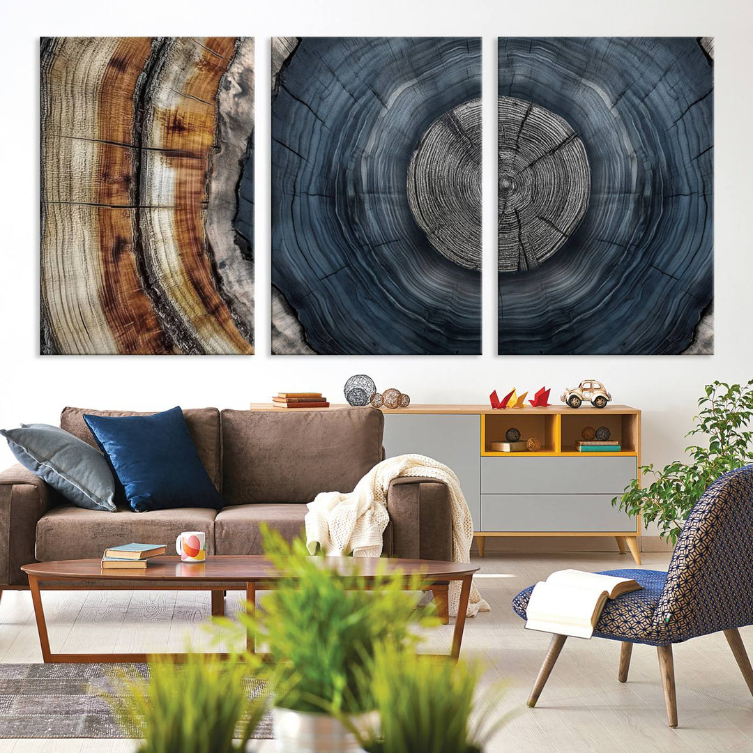 Close-up of the Abstract Tree Rings Wall Art Print featuring shades of blue, brown, and gray.