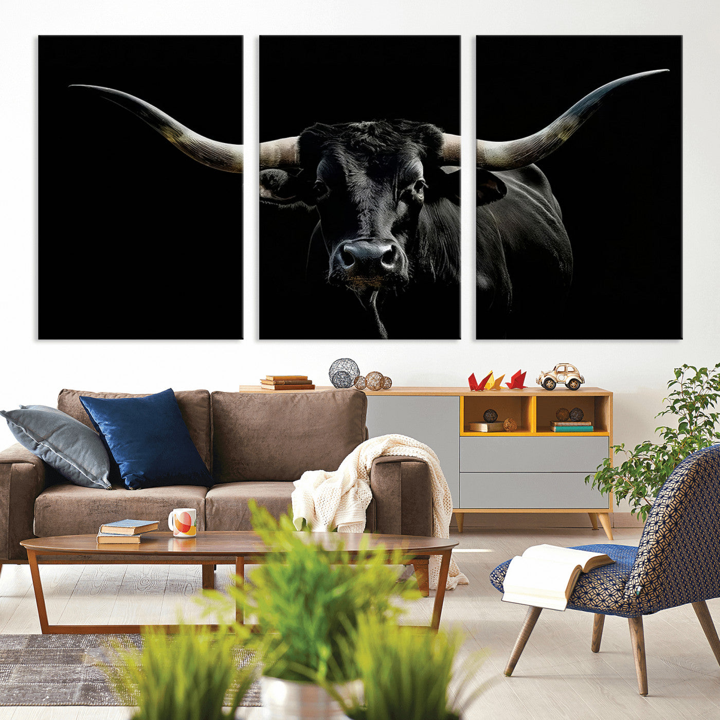 MGV-CV-60X30-3P - Texas Black Bull Wall Art Print, Longhorn Bull Canvas Wall Art