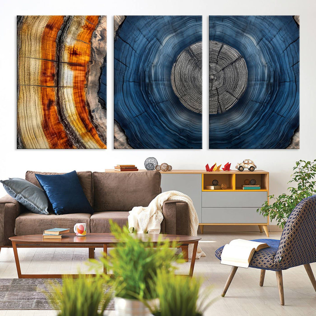 Vibrant Abstract Tree Rings in Orange, Brown, and Blue - Canvas Print for Nature Woodland Wall Decor.