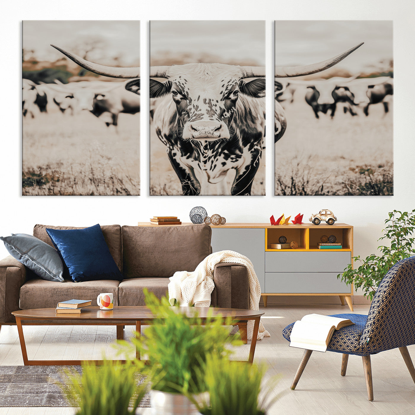 MGV-CV-60X30-3P - Texas Longhorn Wall Art Canvas Print, Framed Speckled Cow Art Picture Print, Horned Cattle Perfect Rustic Western Decor Artwork