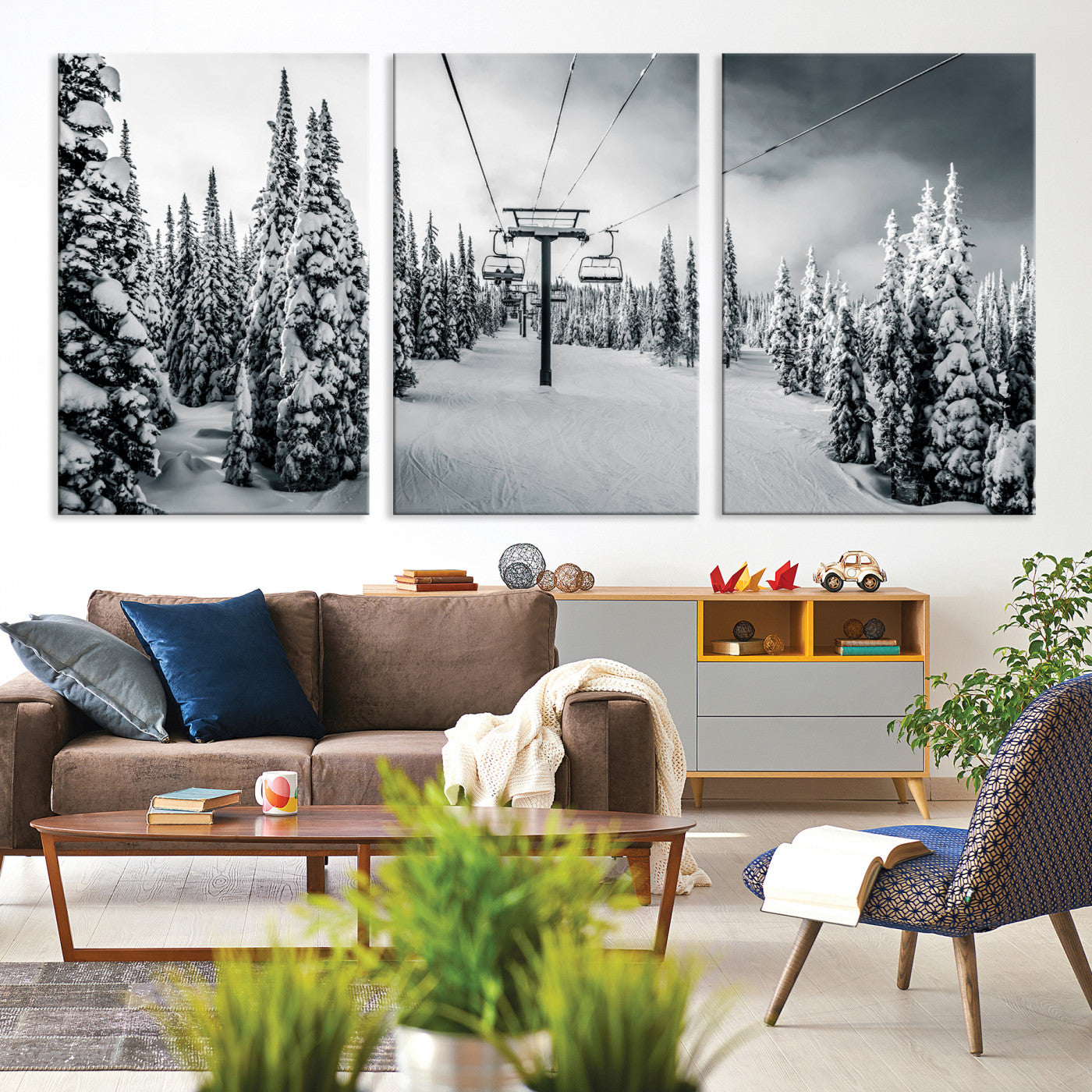 31156828-MGV-CV-36X24-Snowy Pines Wall Art Canvas Print, Framed Ski Lift Art Picture Print, Winter Forest Perfect Moody Lodge Decor, Ski Lift Wall Art Canvas
