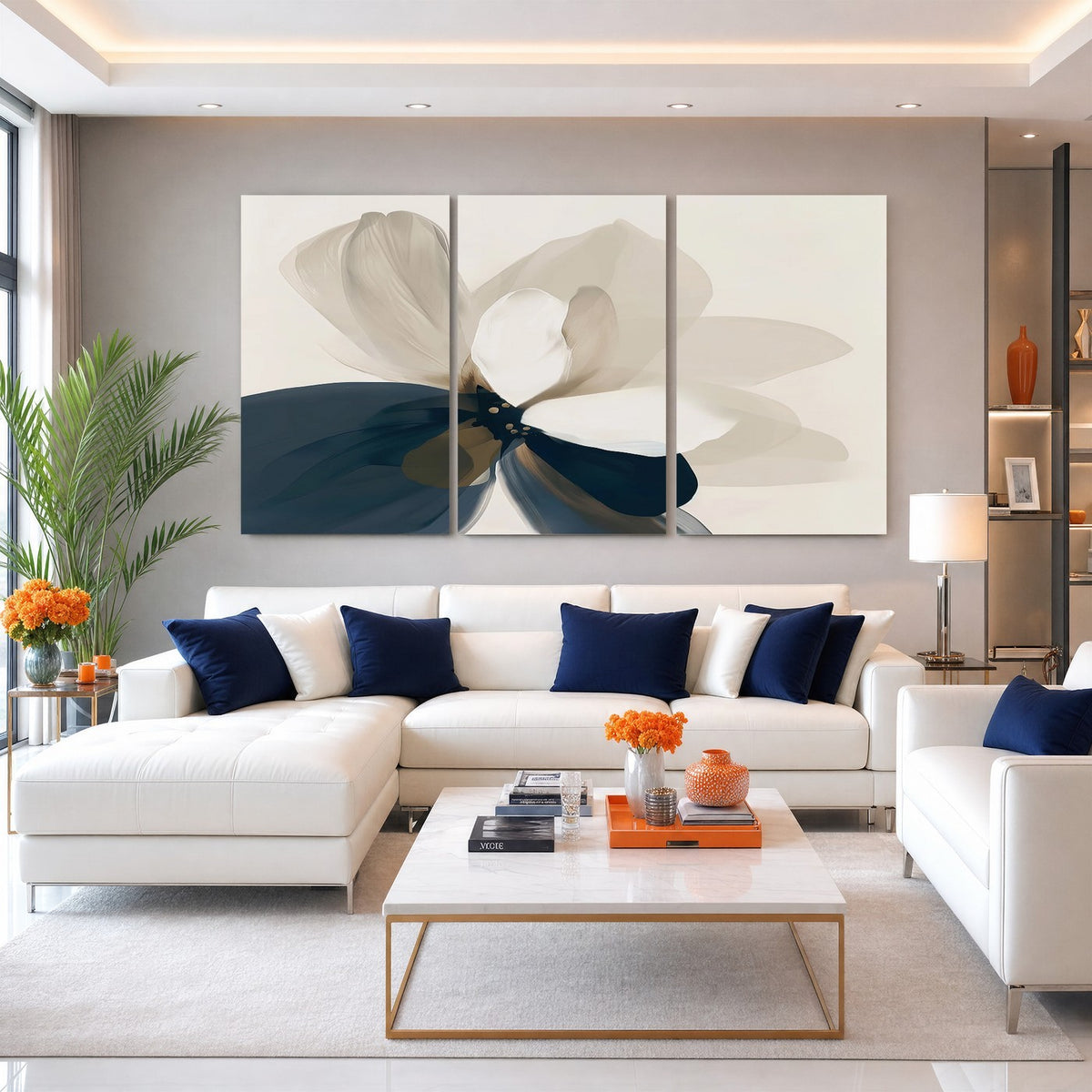 42188901-MGV-CV-24X16 - Minimal Flower Wall Art Canvas Print | Framed Beige and Navy Bloom