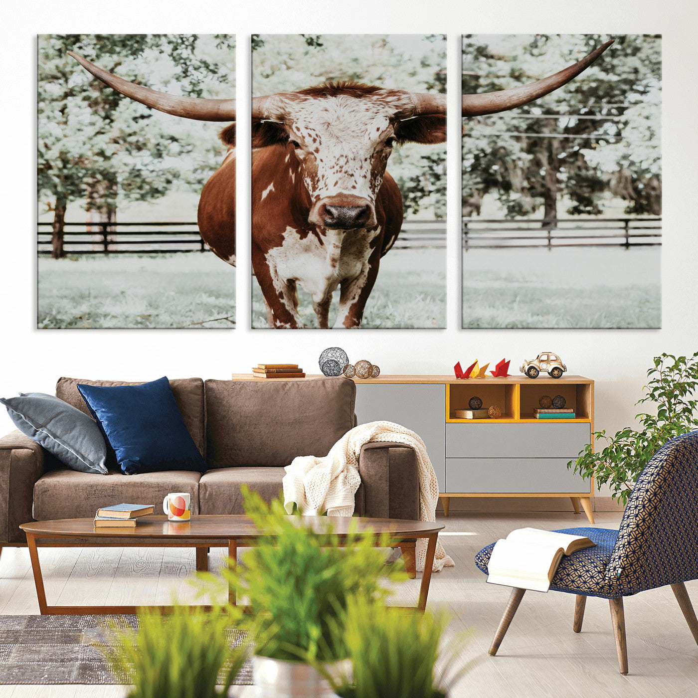 MGV-CV-60X30-3P - Texas Longhorn Wall Art Canvas Print, Framed Spotted Cow Art Picture Print, Horned Cattle Perfect Rustic Western Decor Artwork