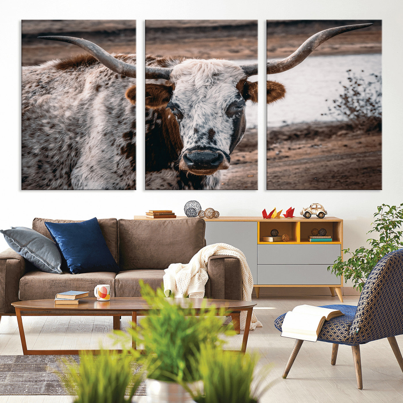 MGV-CV-60X30-3P - Texas Longhorn Wall Art Canvas Print, Framed Spotted Cow Art Picture Print, Horned Cattle Perfect Rustic Western Decor Artwork