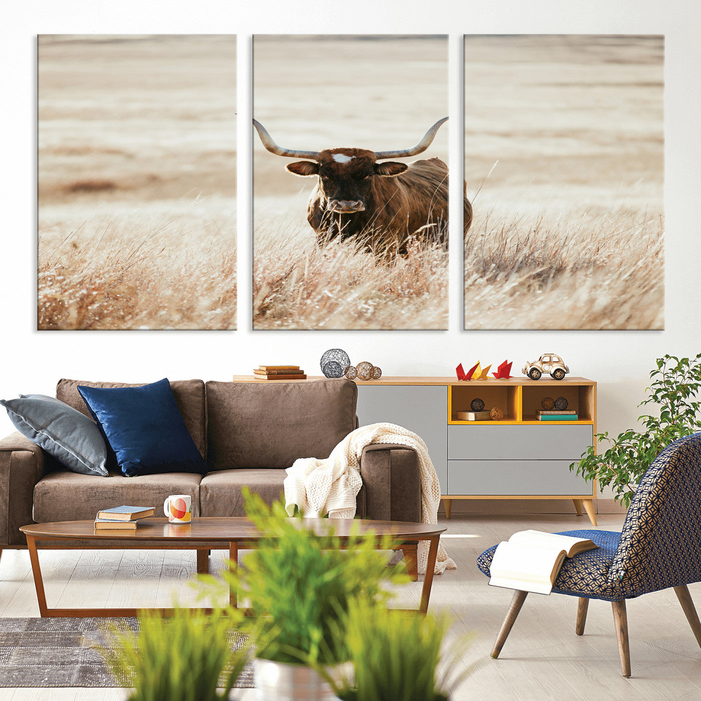 MGV-CV-60X30-3P - Texas Longhorn Wall Art Canvas Print, Framed Brown Cattle Art Picture Print, Horned Bull Perfect Rustic Western Decor Artwork