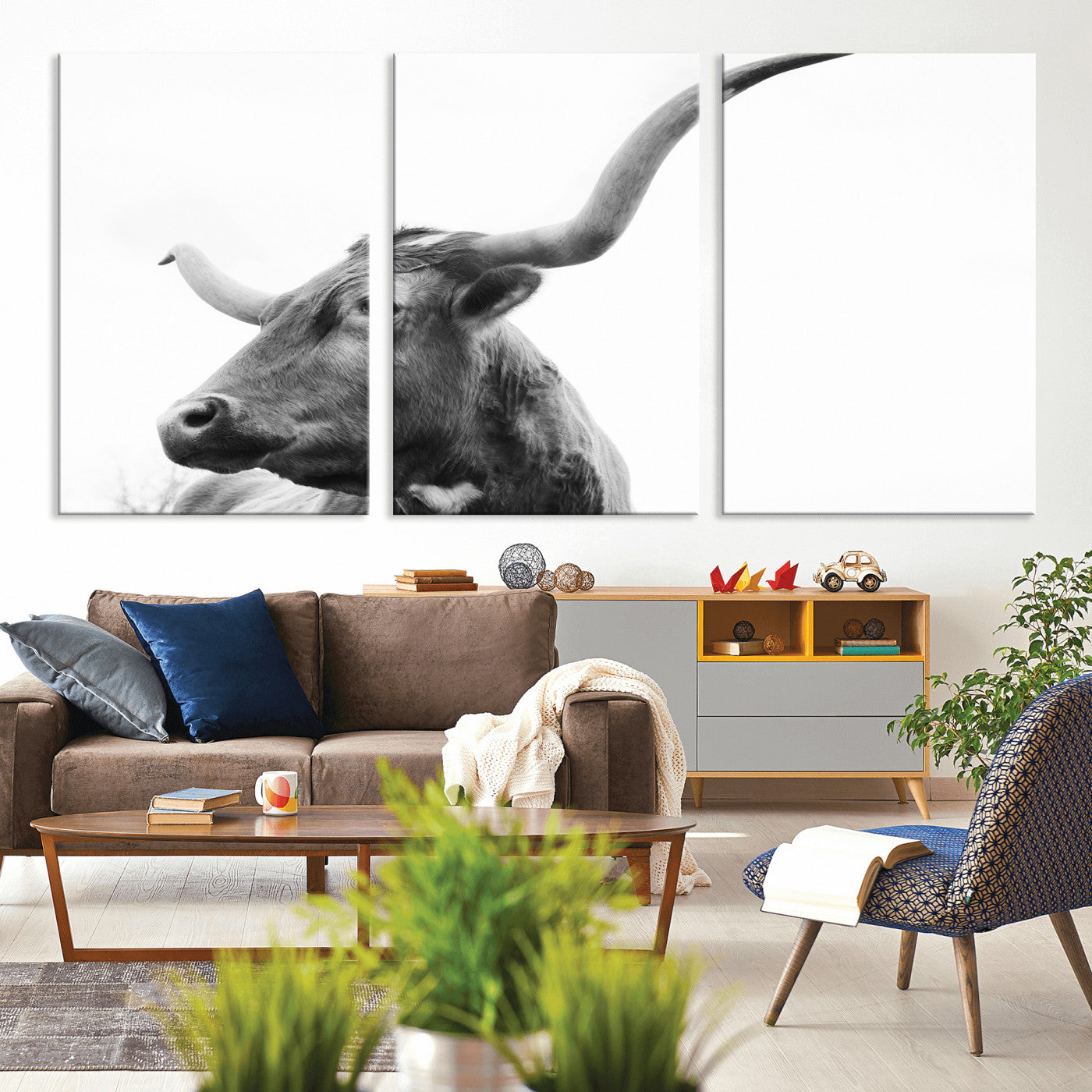 MGV-CV-60X30-3P - Longhorn Wall Art Wall Art Canvas Print, Framed Modern Ranch Style Art Art Picture Print, Monochrome Cow Print Perfect Rustic Western Decor Artwork