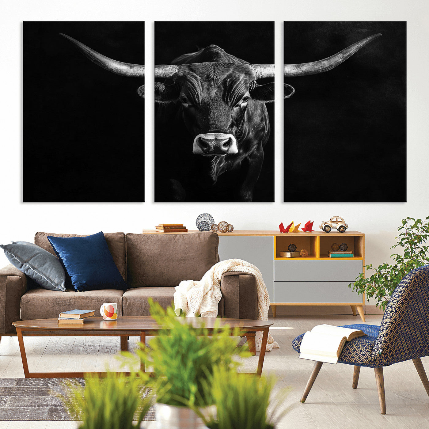 MGV-CV-60X30-3P - Texas Longhorn Wall Art Canvas Print, Framed Monochrome Bull Art Picture Print, Horned Bull Perfect Rustic Western Decor Artwork