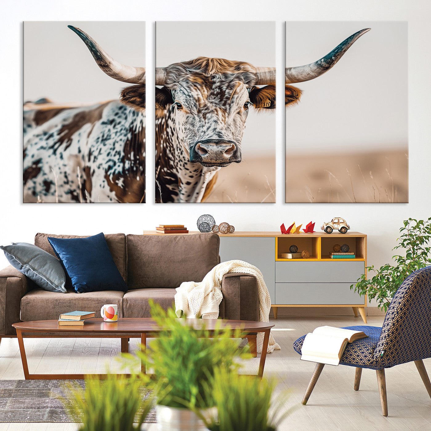 Canvas of a speckled Texas longhorn with wide curved horns and warm tones, perfect for rustic or country-style wall decor.