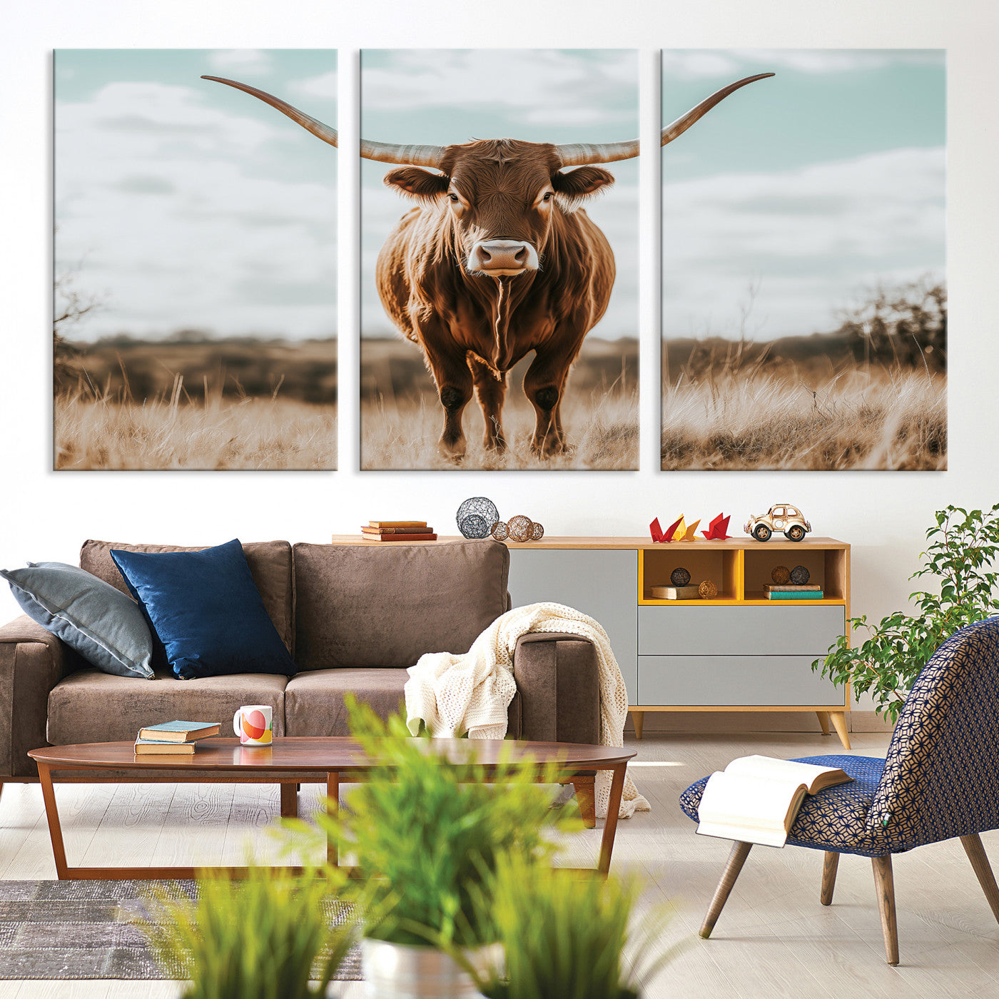 Texas Longhorn standing in a golden prairie under soft skies, ideal for rustic or western-style decor with warm natural tones.
