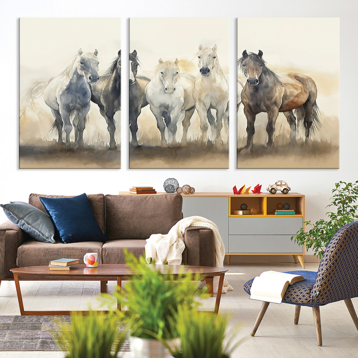 Watercolor illustration of five wild horses in soft neutral tones, perfect for rustic or western-style home decor with a calming natural vibe.