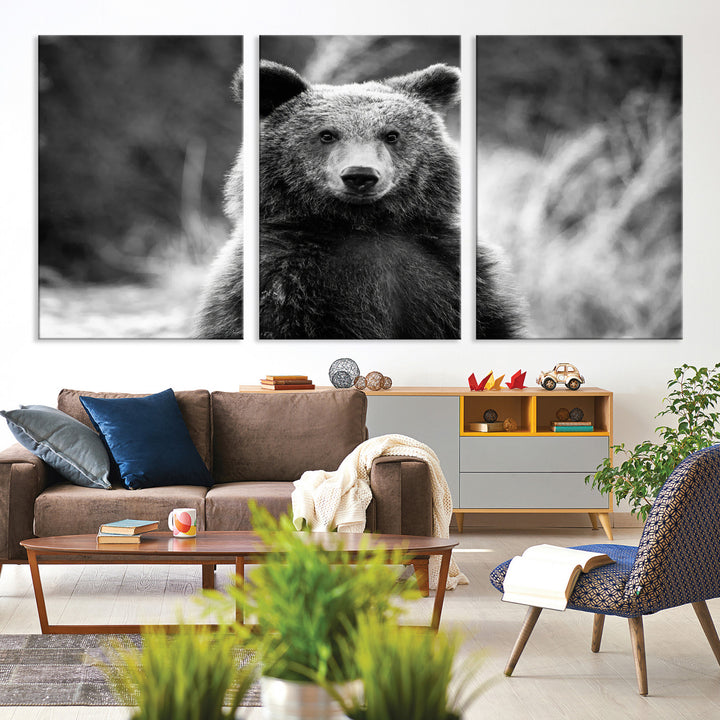 Grizzly Bear Wall Art Canvas Print, Framed Black White Bear Art Picture Print, Wild Bear Perfect Rustic Wildlife Decor