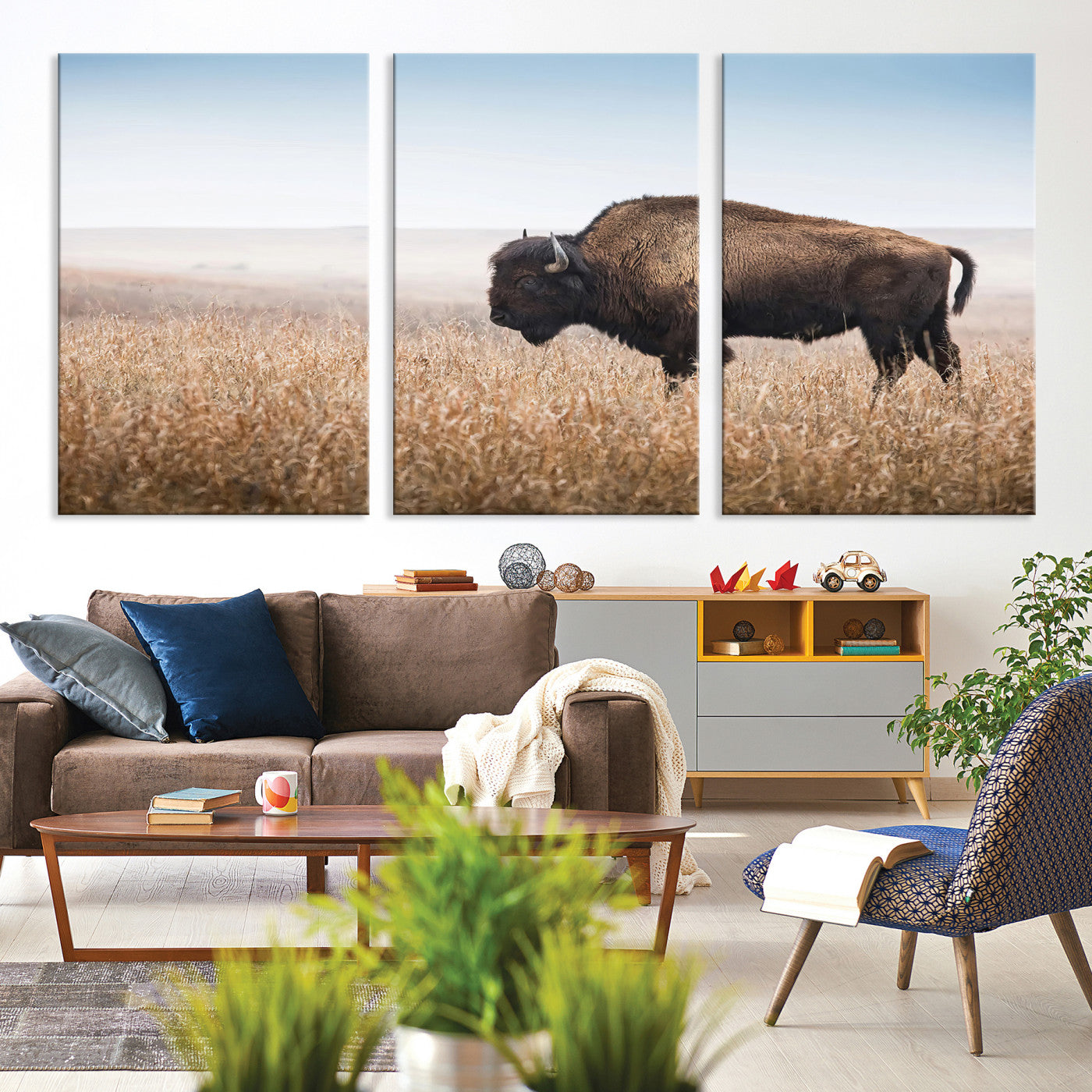 A solitary American bison stands in a dry grassland under soft skies, ideal for rustic or western-style home decor in warm neutral tones.