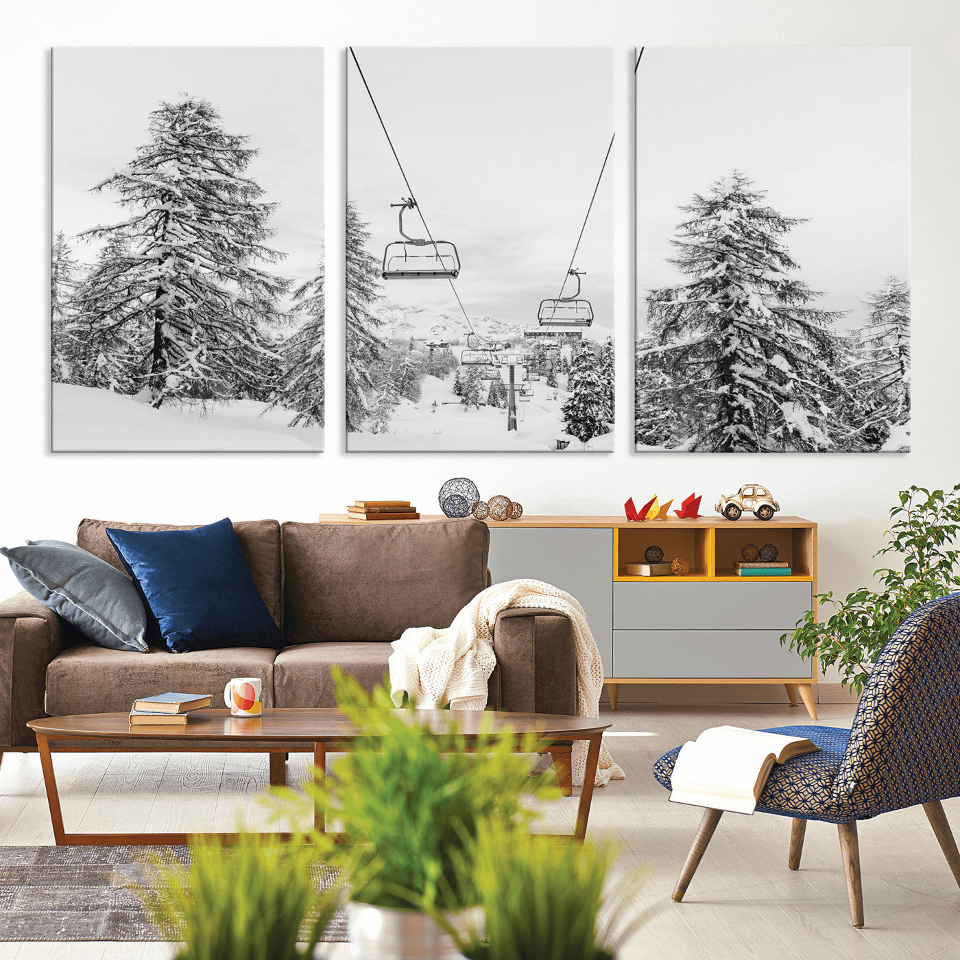 MGV-CV-60X30-3P - Wall Art Canvas Print Winter Chairlift Views Silent Snow-Covered Pines Mountain Calm Serenity Frozen
