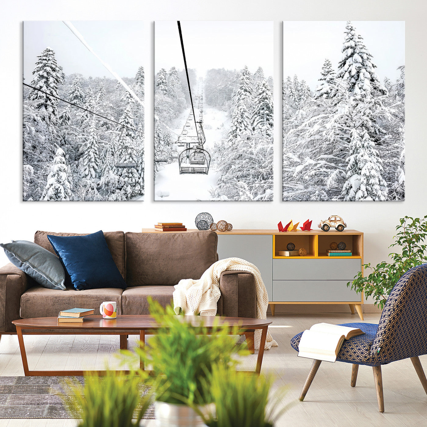 60296839-MGV-CV-36X24-Snowy Mountains Wall Art Canvas Print, Framed Ski Lift Art Picture Print, Winter Forest Perfect Winter Minimalist Decor, Ski Lift Canvas