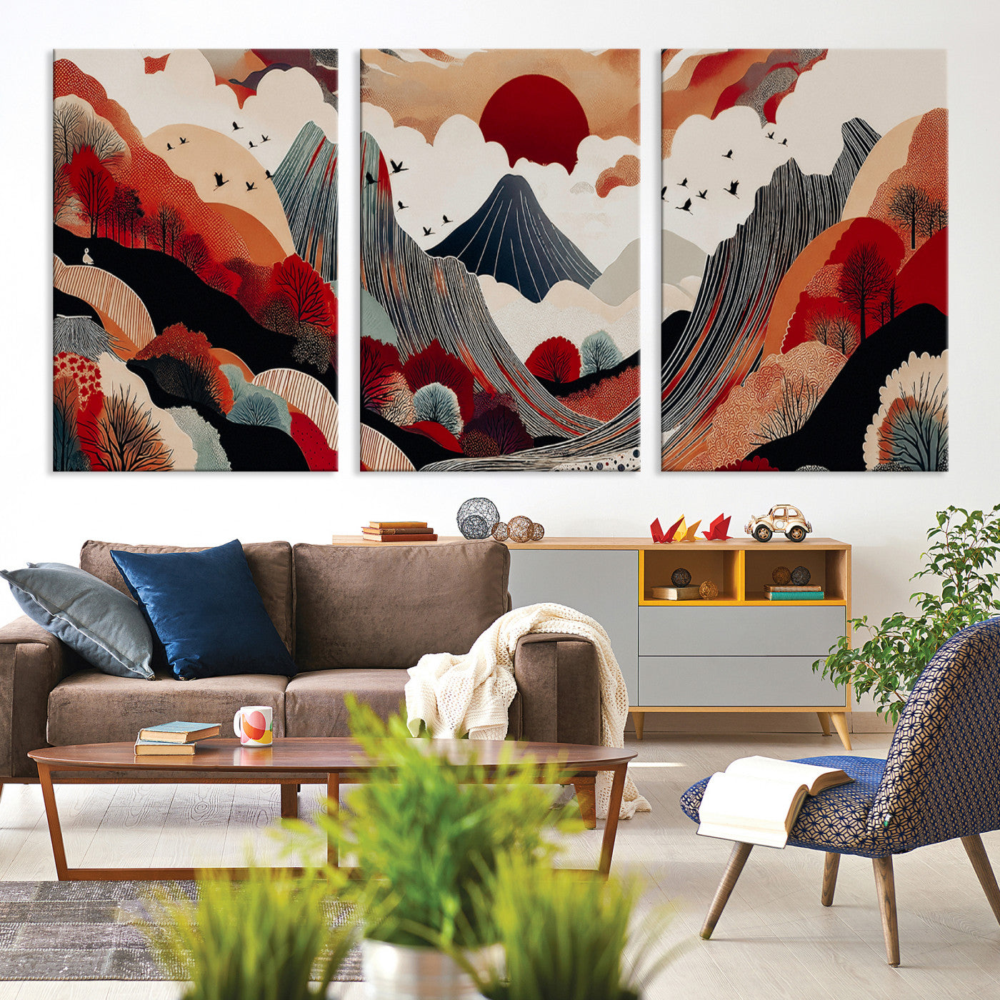Abstract Mountain Wall Art Canvas Print, Framed Vibrant Landscape Art Picture Print, Stylized Nature Drawing Perfect Contemporary Minimalist