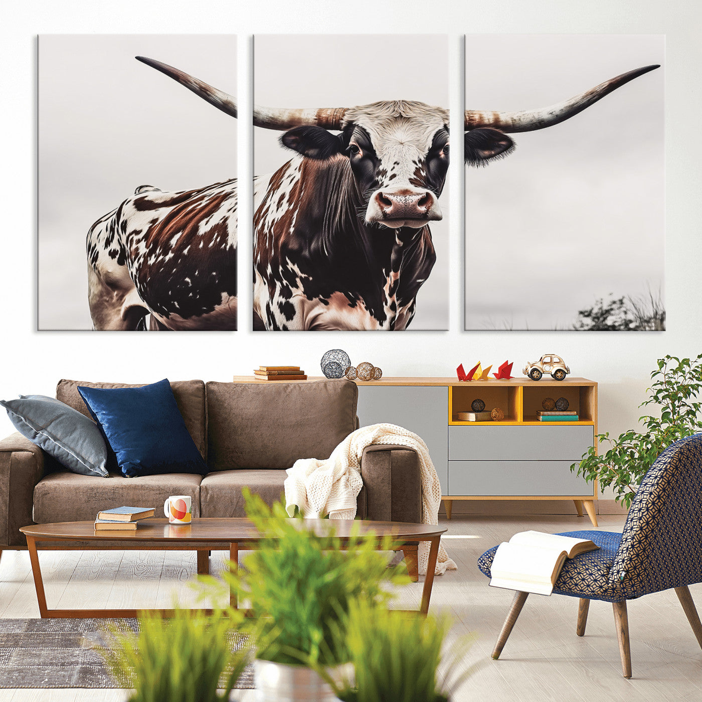 Close-up of a Texas Longhorn bull with powerful horns, perfect for rustic farmhouse or country-themed home decor. Ideal for animal lovers.