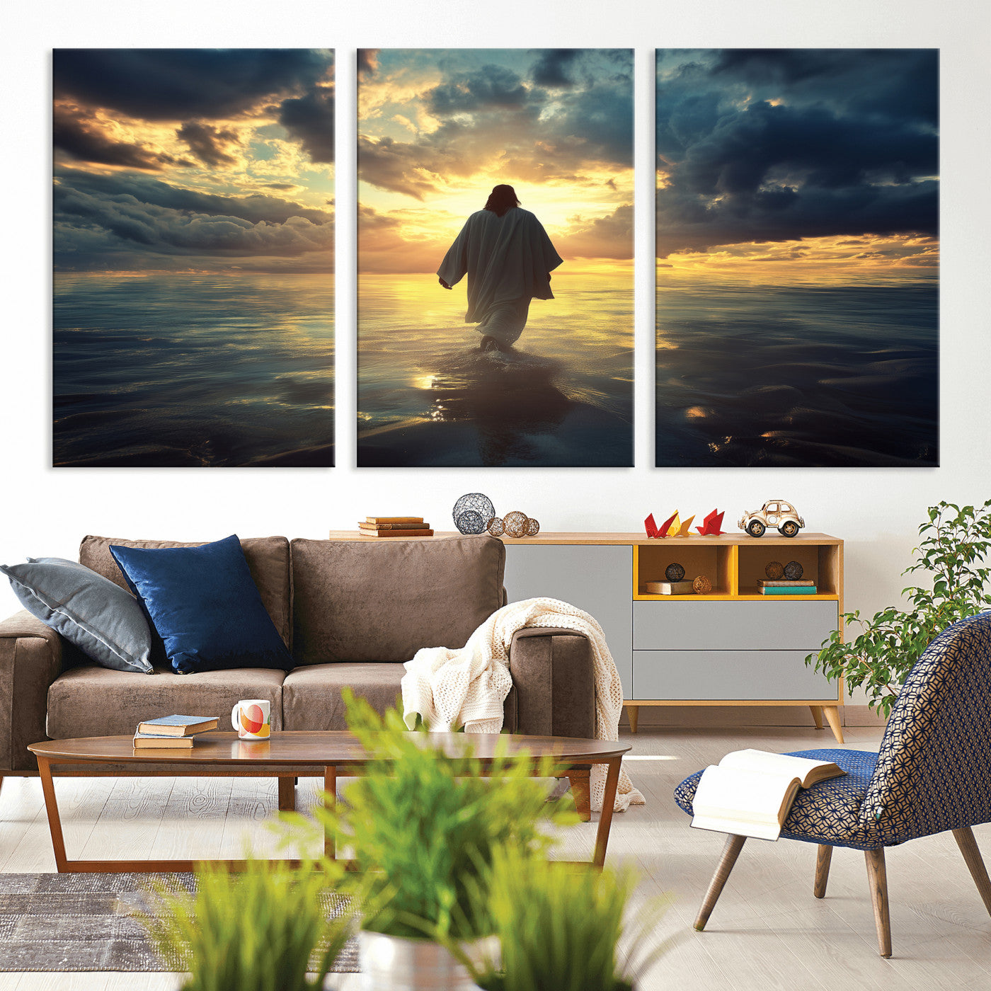 MGV-CV-60X30-3P - Jesus Walks Wall Art Canvas Print, Framed Divine Sunset Art Picture Print, Spiritual Light Perfect Spiritual Tranquil Decor Artwork