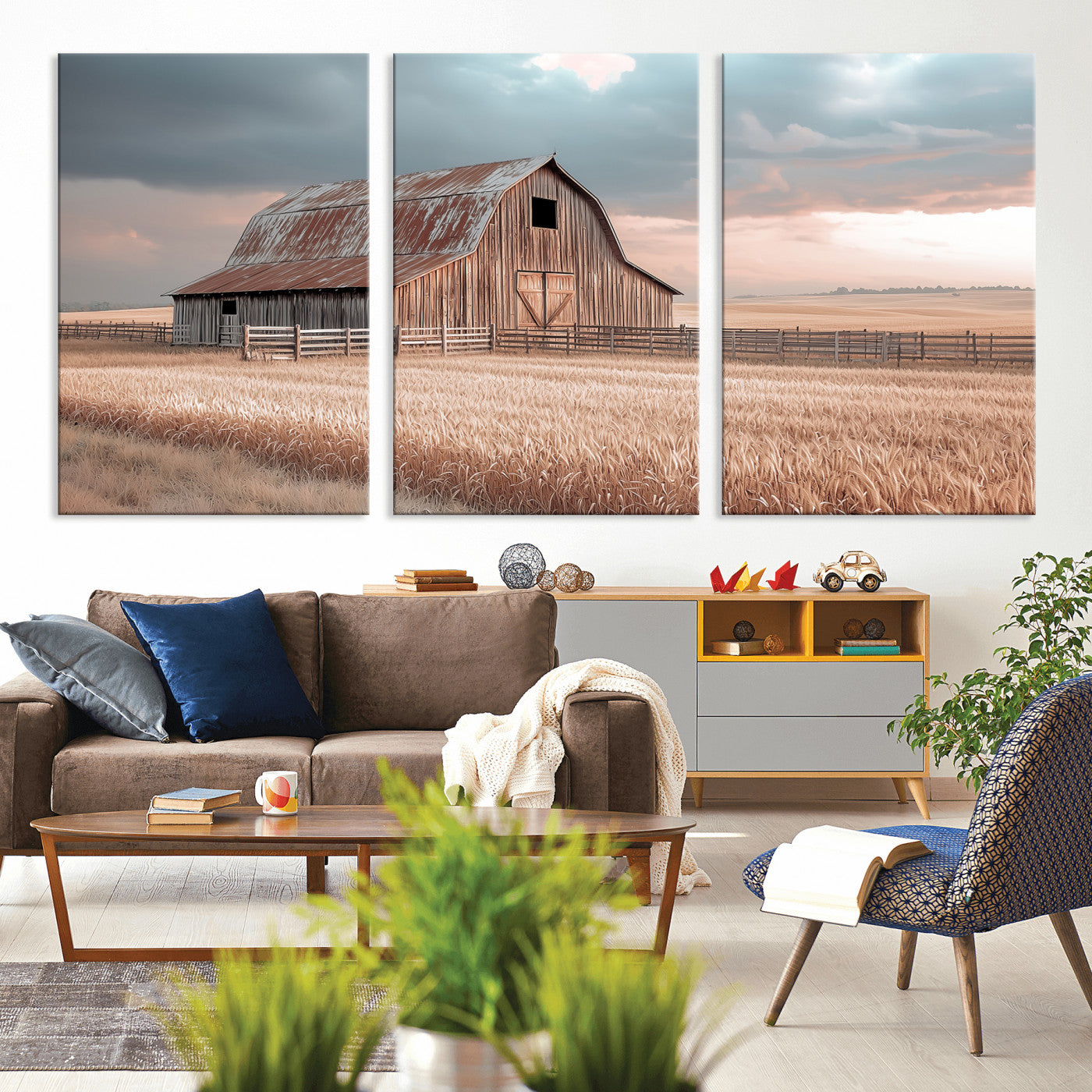 36878364-MGV-CV-48X32-3P-Rustic Barn Wall Art Canvas Print, Framed Wheat Field Art Picture Print, Sunset Barn Perfect Vintage Farmhouse Decor Artwork