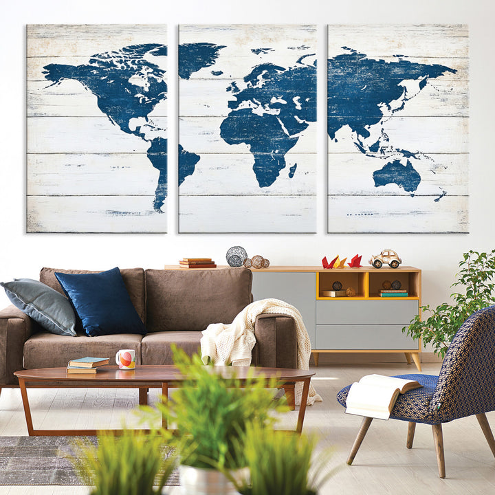 Rustic world map with blue continents on distressed wooden planks, perfect for coastal, explorer, or vintage-style wall decor.