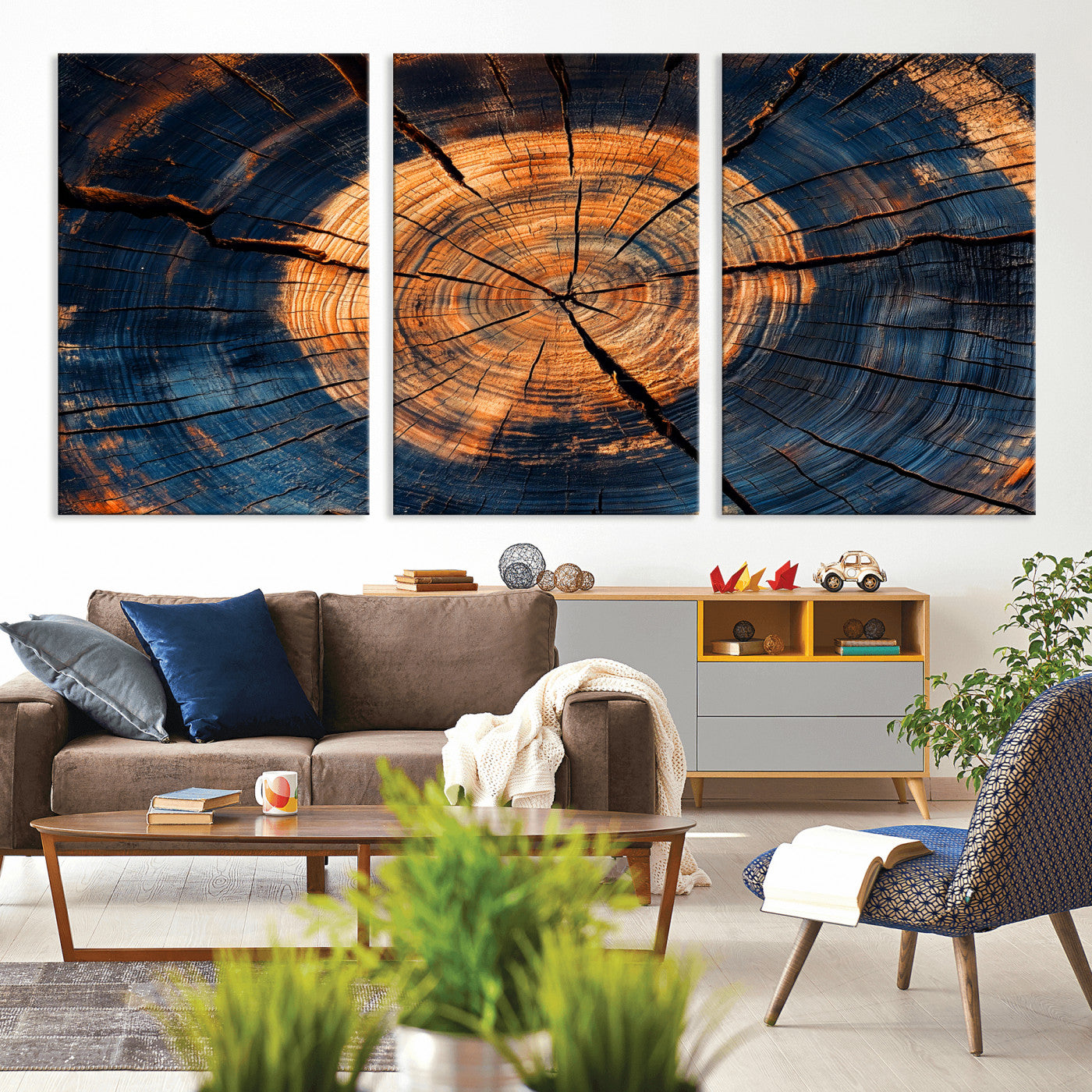 MGV-CV-60X30-3P - Burnt Wood Wall Art Canvas Print, Framed Aged Timber Art Picture Print, Rustic Tree Slice Perfect Rustic Decor Artwork