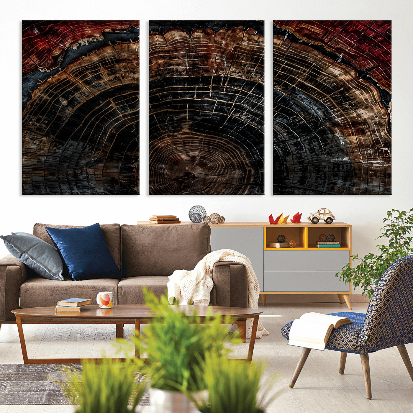 MGV-CV-60X30-3P - Dark Wood Ring Wall Art Canvas Print, Framed Abstract Wood Tree Art Picture Print, Rustic Tree Slice Perfect Rustic Decor Artwork