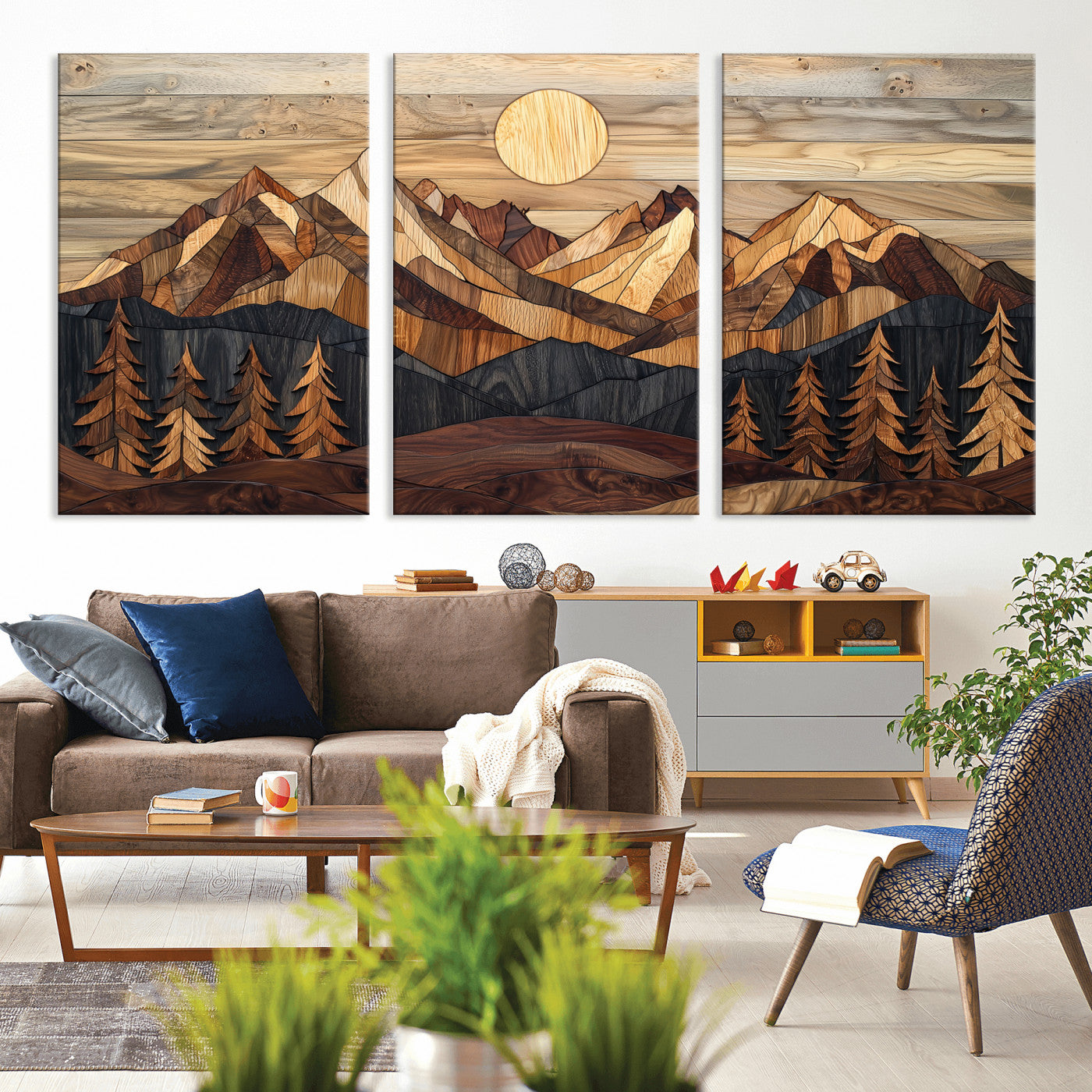 MGV-CV-60X30-3P - Wood Mountain Landscape Wall Art Canvas Print, Framed Sunset Hills Art Picture Print, Abstract Nature Perfect Boho Decor Artwork