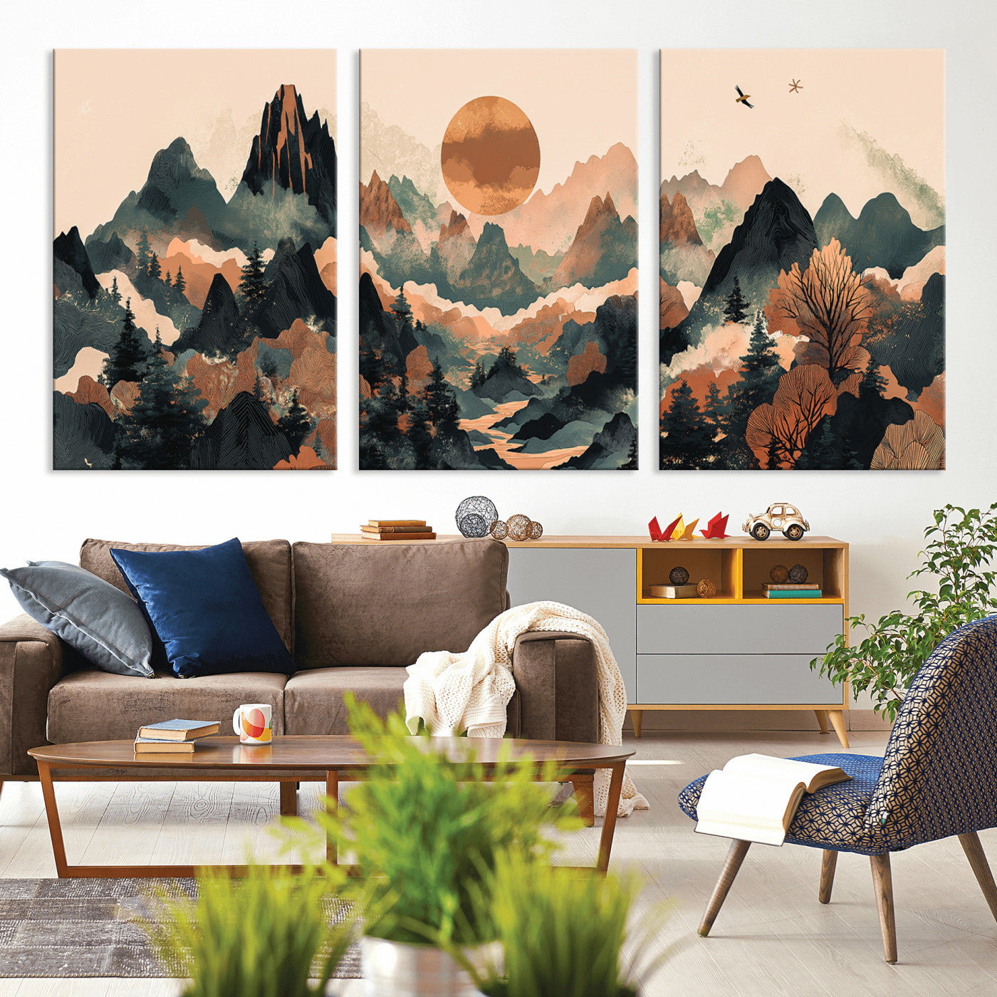 MGV-CV-60X30-3P - Wood Mountain Landscape Wall Art Canvas Print, Framed Sunset Hills Art Picture Print, Abstract Nature Perfect Boho Decor Artwork