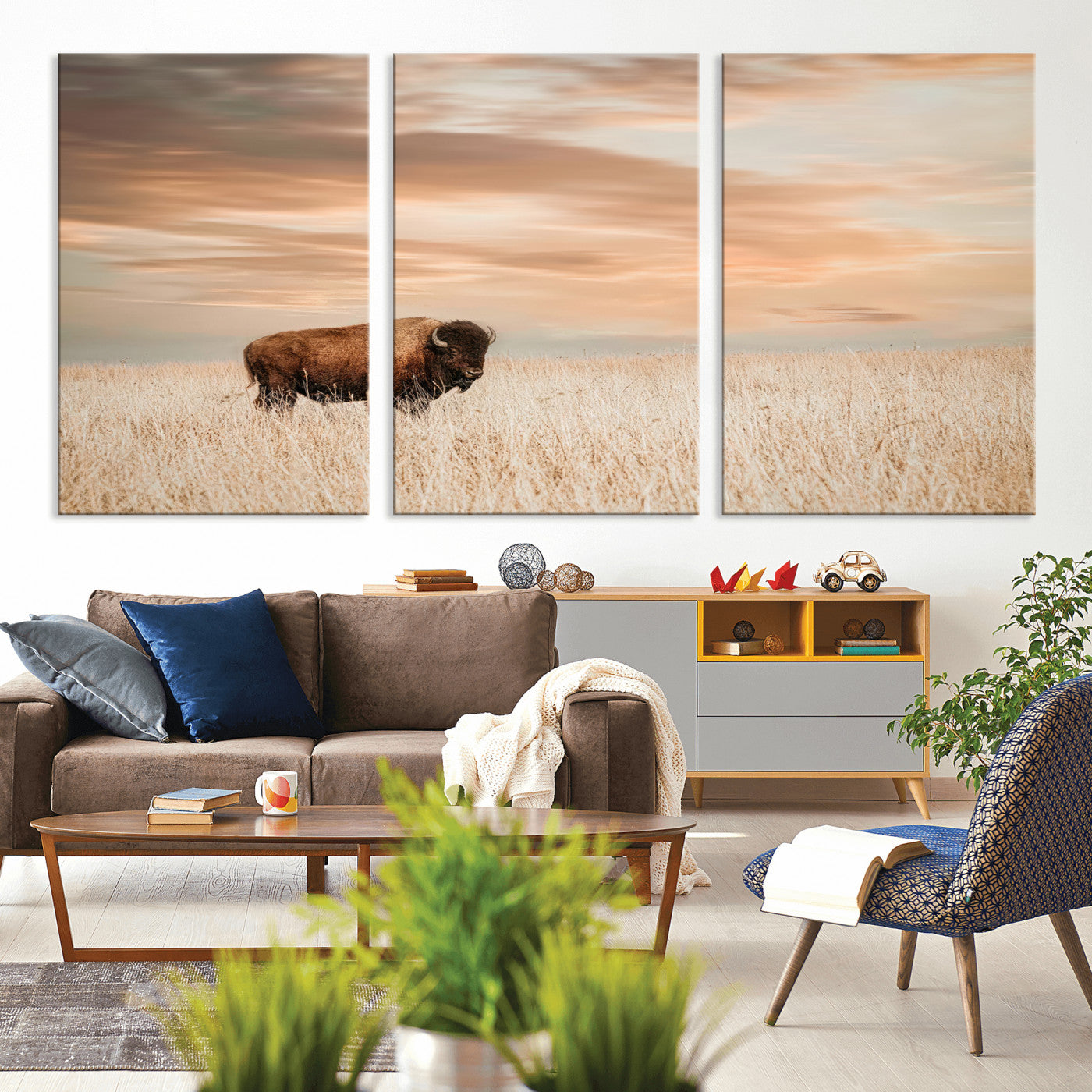 MGV-CV-60X30-3P - Bison Wall Art Canvas Print, Framed Buffalo Art Picture Print, Western Prairie Perfect Rustic Decor Artwork