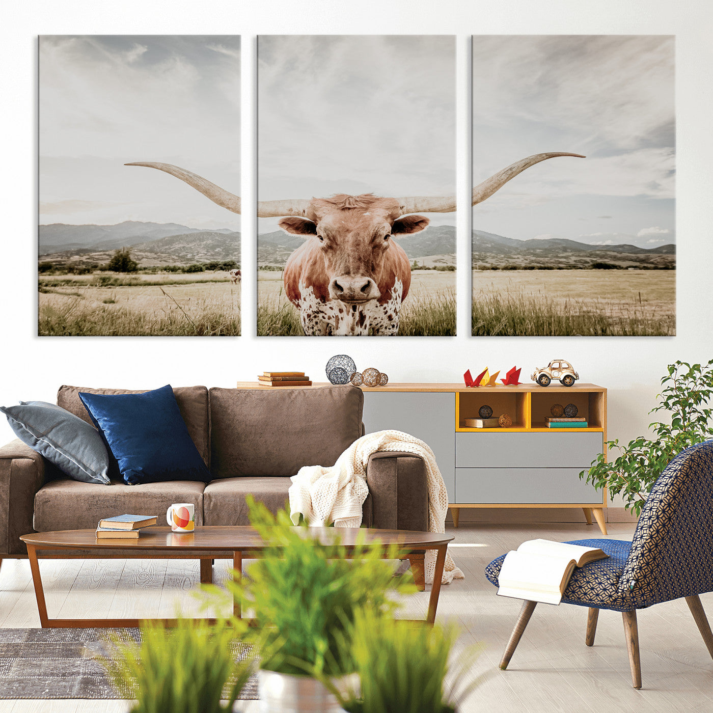 MGV-CV-60X30-3P - Texas Longhorn Wall Art Canvas Print, Framed Western Cow Art Picture Print, Rustic Farmhouse Perfect Farmhouse Decor Artwork