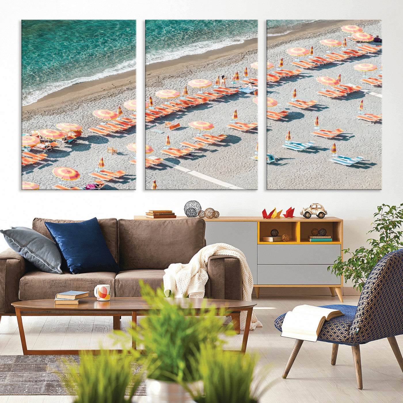 27805351-MGV-CV-36X24 - Beach Umbrellas Wall Art – Orange Loungers & Turquoise Water Canvas Print, Sandy Shore and Summer Vibes