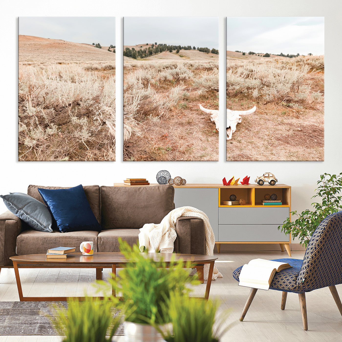 97234735-MGV-CV-36X24 - Desert Skull Wall Art – Arid Landscape & Sagebrush Canvas Print, Rustic Nature and Earth Tones for Living Room or Minimalist Decor