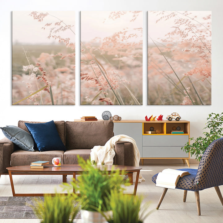 Pastel Grasses Wall Art Canvas Print, Soft Meadow Print, Framed Field in Breeze Art Print, Large Pink Meadow Printing Soft Pastel
