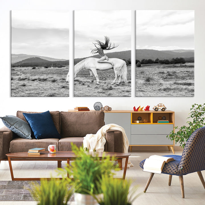 White Horse Wall Art Canvas Print, Woman Rider Print, Framed Equestrian Pose Art Print, Large Grazing Horse Printing Western Boho