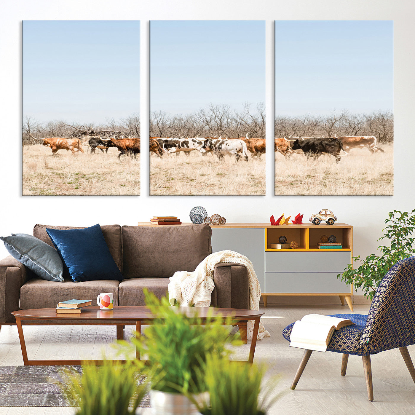 16563092-MGV-CV-36X24-Texas Longhorns Wall Art Canvas Print, Western Cattles Print Wall Art, Framed Rustic Herd Art Print, Large Country Cows Printing Rustic