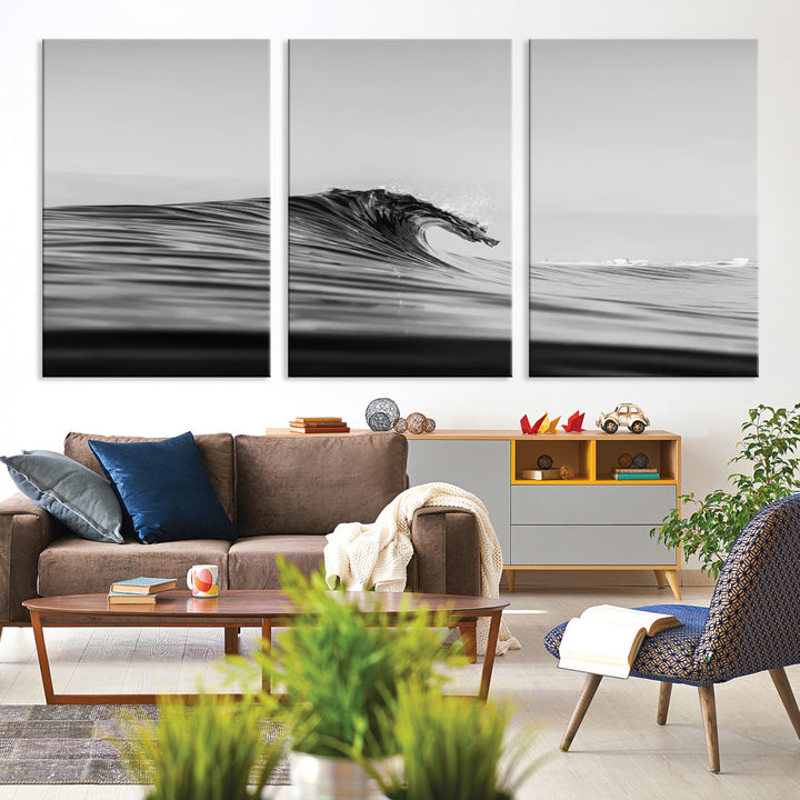 Black Wave Wall Art Canvas Print, Abstract Surf Print, Framed Minimalist Ocean Art Print, Large Black Water Printing Minimalist