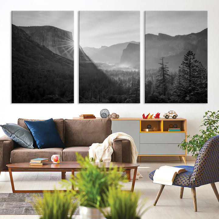 Yosemite Valley Wall Art Canvas Print, El Capitan Sunrise Print, Framed Misty Mountain Art Print, Large Monochrome Valley Printing