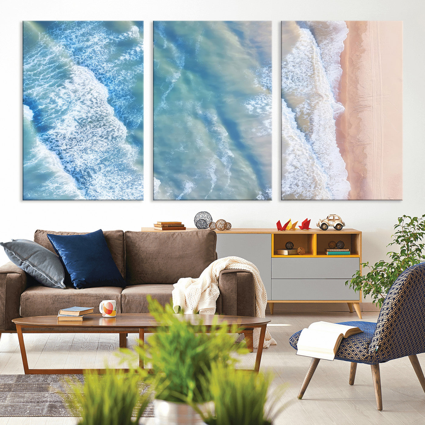 MGV-CV-60X30-3P - Aerial Ocean View Wall Art Canvas Print, Framed Soft Blue Waves Art Picture Print, Sandy Shoreline Perfect Modern Coastal Decor Artwork