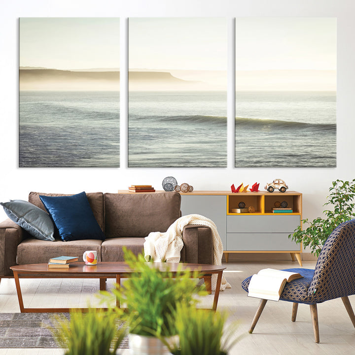 Canvas of a misty ocean scene with coastal cliffs and soft neutral tones, ideal for Scandinavian coastal or minimalist nature-inspired home decor.