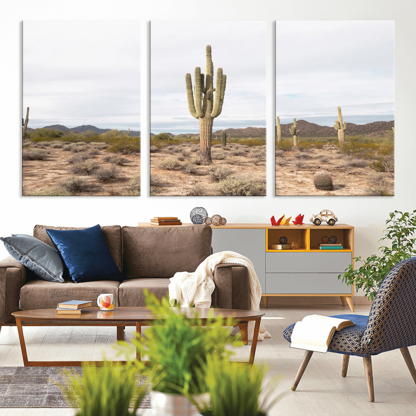MGV-CV-60X30-3P - Saguaro Cactus Wall Art Canvas Print, Framed Desert Cactus Art Picture Print, Earthy Desert Perfect Southwestern Boho Decor Artwork