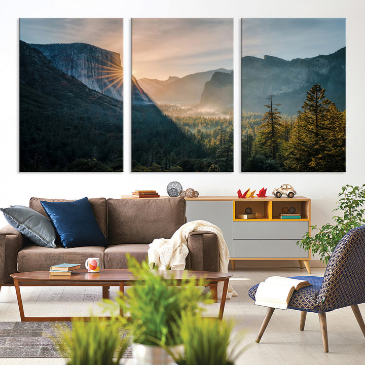 Canvas of Yosemite Valley at sunrise with dramatic rays and earthy tones, perfect for vintage explorer or wilderness-themed home decor.