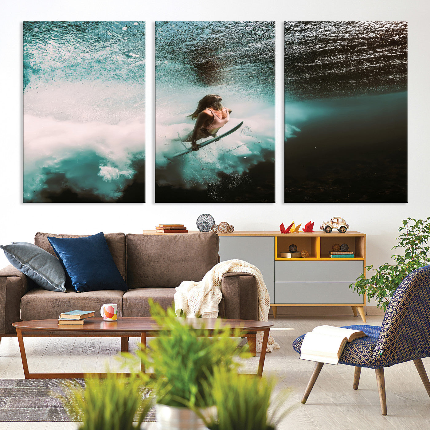 85923512-MGV-CV-40X27-Vibrant Aquatic Motion Wall Art Canvas Print, Framed Underwater Swimming Art Picture Print, Female Surfer Diving Perfect Coastal Boho Decor,