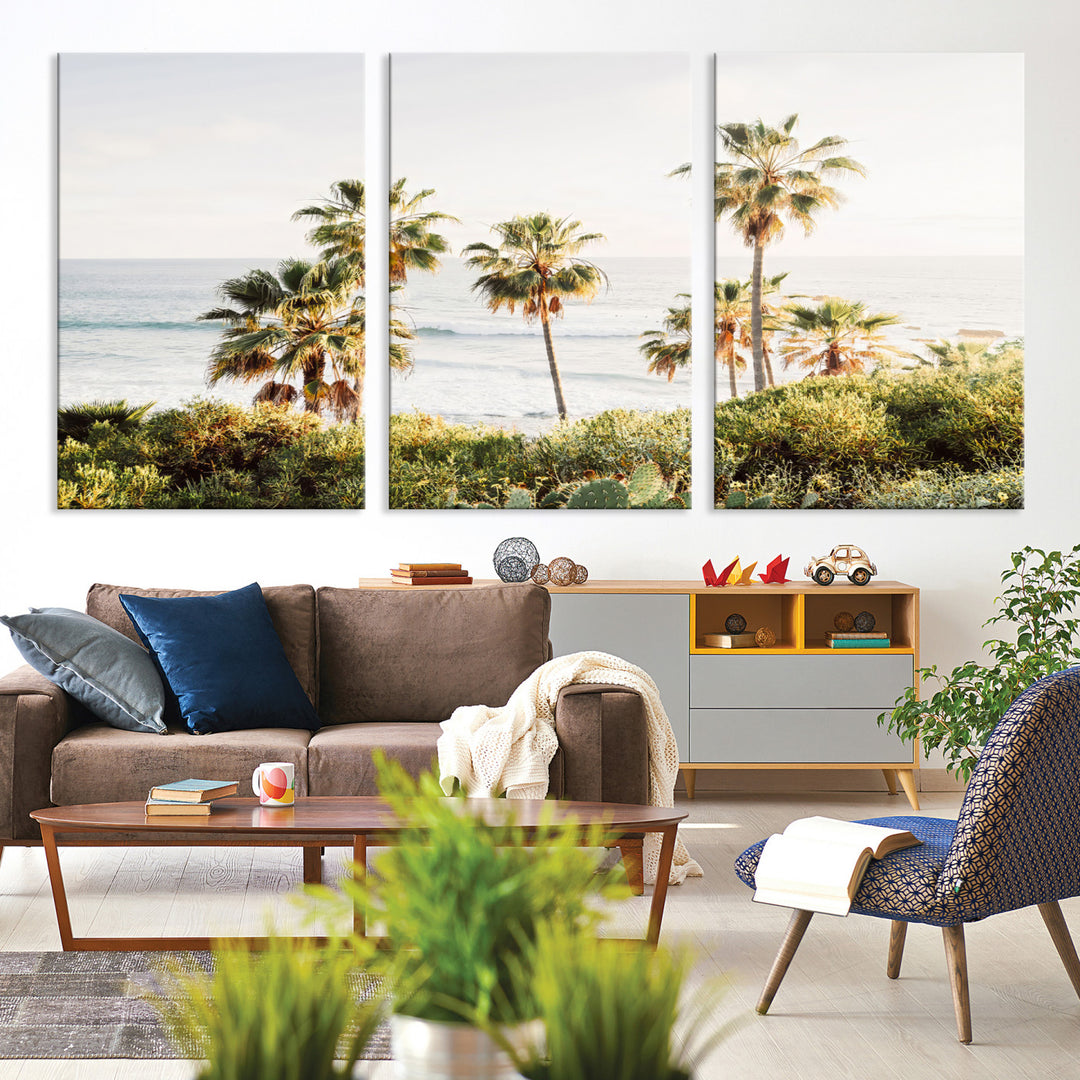 Framed print of sunlit palm trees on the California coast with warm tones, perfect for coastal minimalist or beach-style home decor.