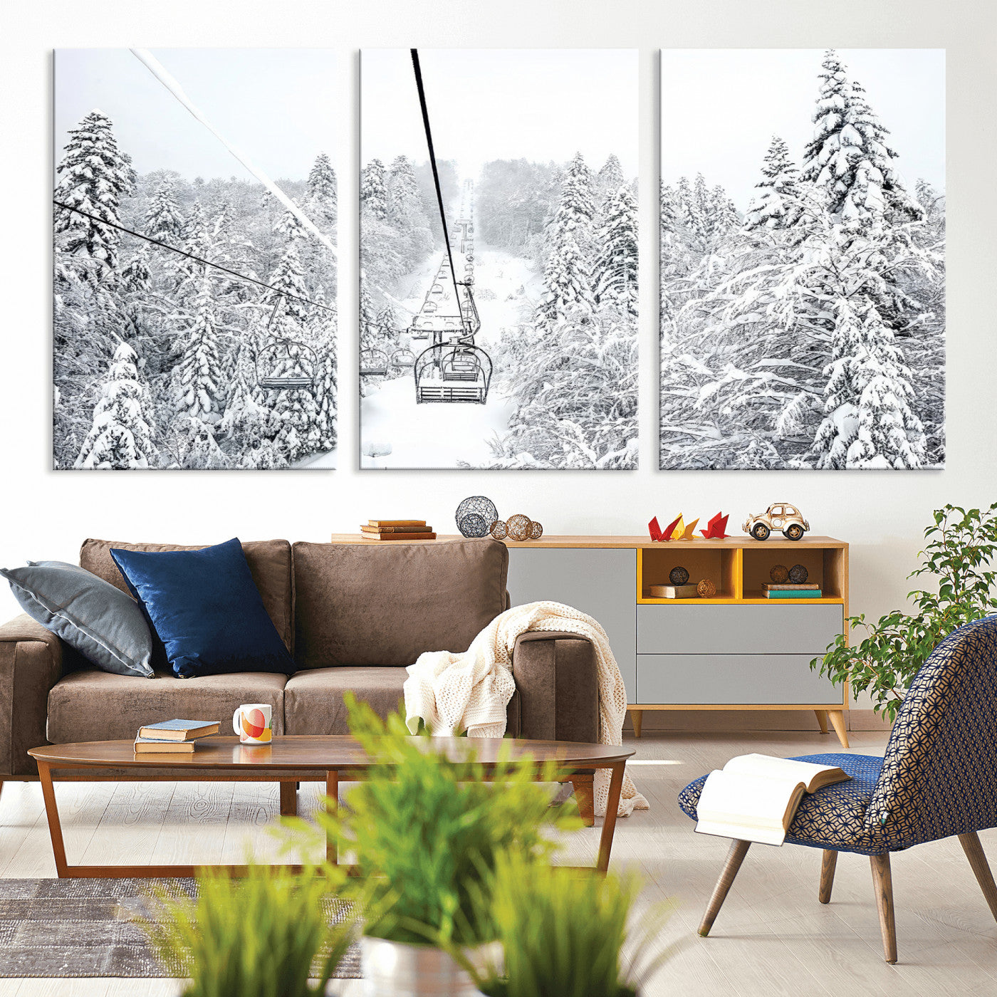MGV-CV-60X30-3P - Winter Snow Ski Lift Wall Art Canvas Print Winter Trees Print