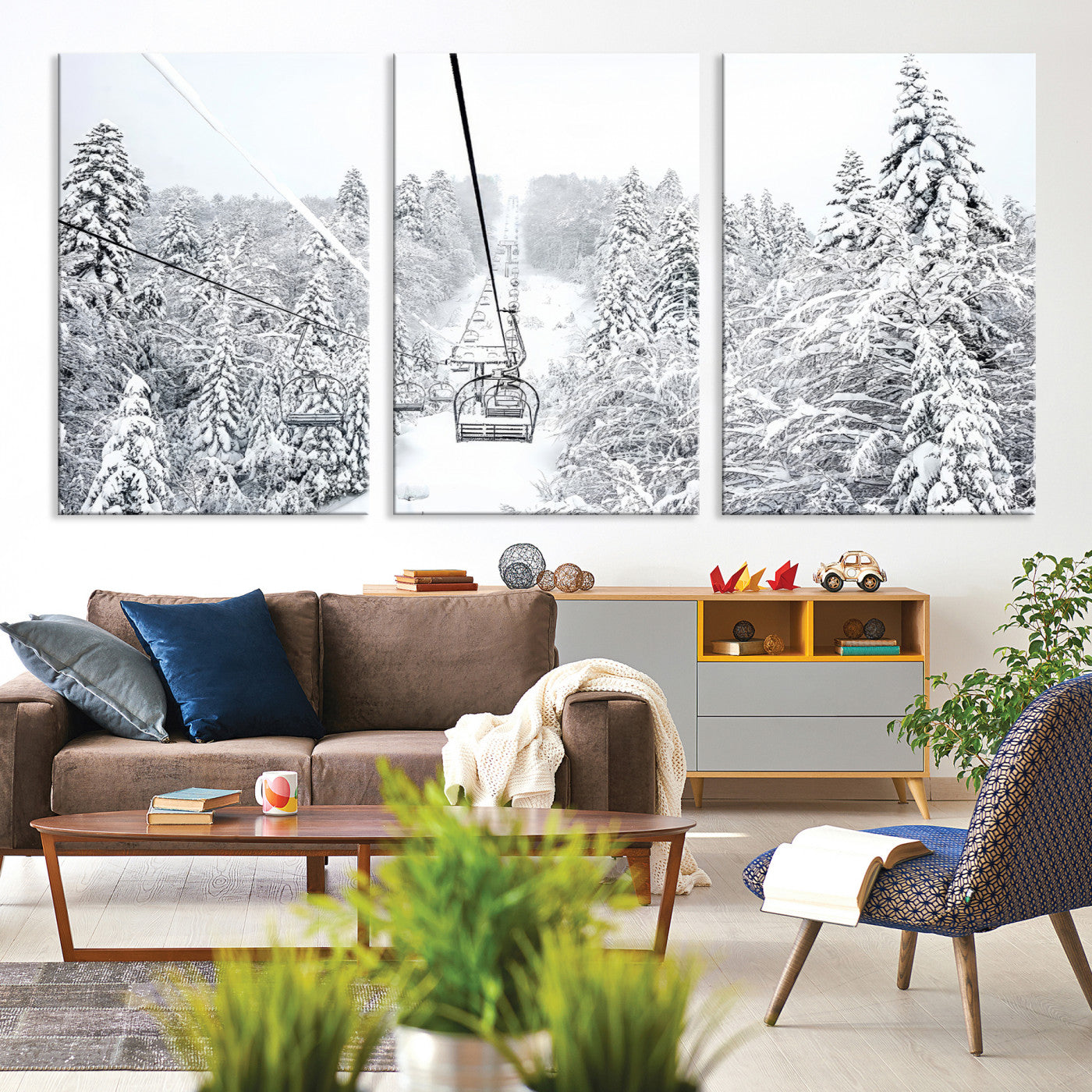 44705668-MGV-CV-36X24-Winter Forest Wall Art Canvas Print, Framed Snowy Forest Art Picture Print, Winter Ski Lift Perfect Scandinavian Minimalist 3/3 Decor