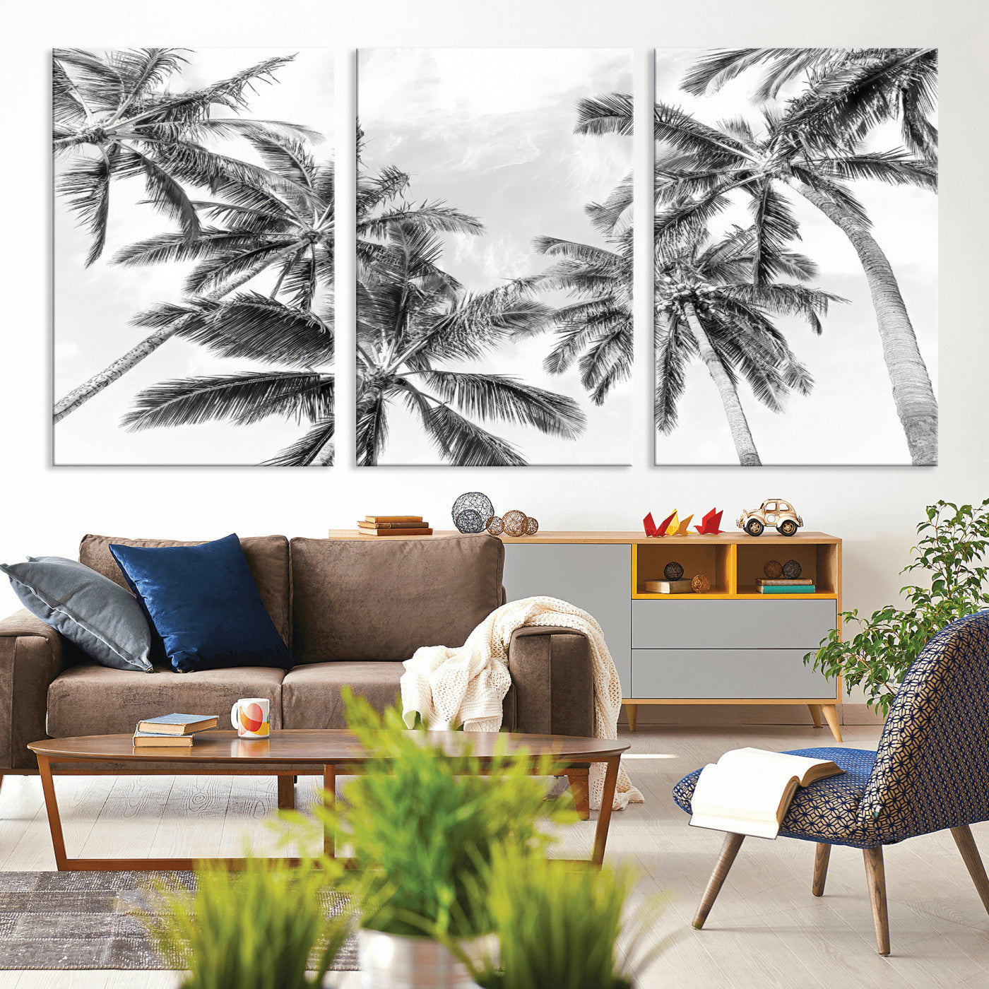 MGV-CV-60X30-3P - Black White Palm Wall Art Canvas Print, Framed Monochrome Tropics Art Picture Print, Minimalist Beach Perfect Coastal Minimalist Decor Artwork