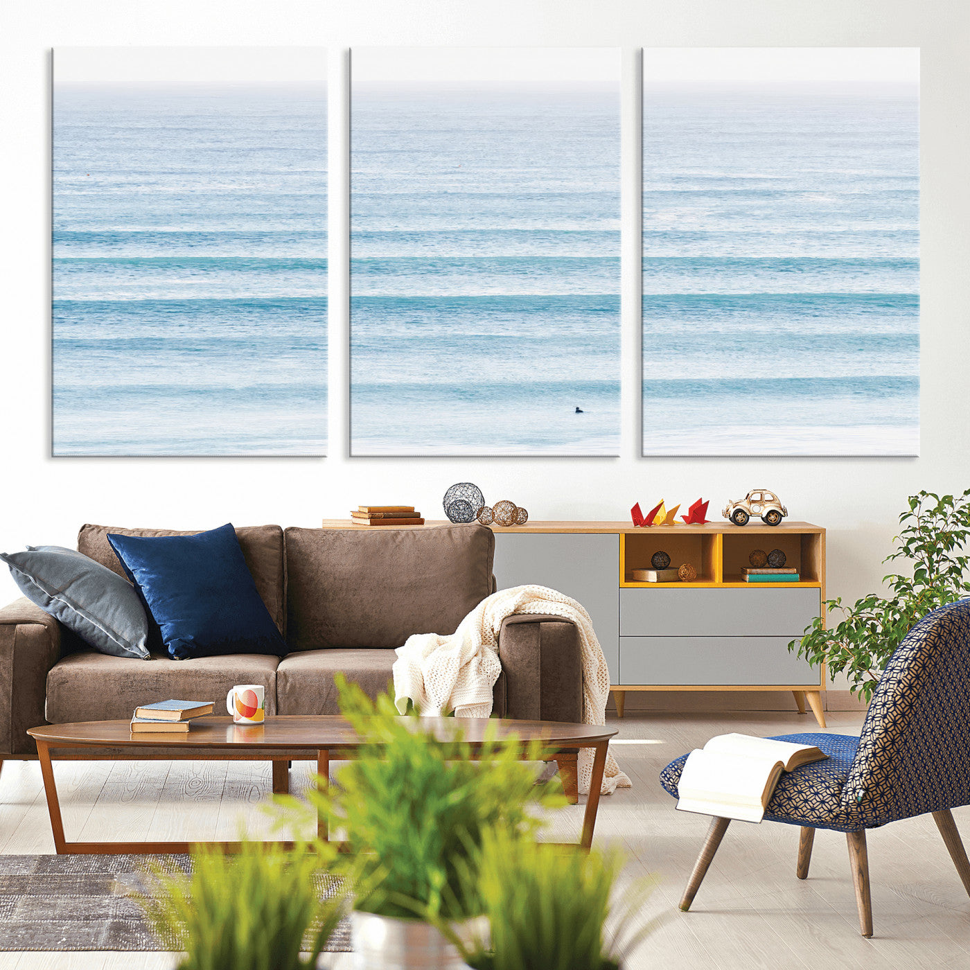 77145995-MGV-CV-36X24-Ocean Wave Surfer Wall Art – Framed Minimal Seascape Canvas Artwork, Calm Blue Water Design, Coastal Decor for Home, Office