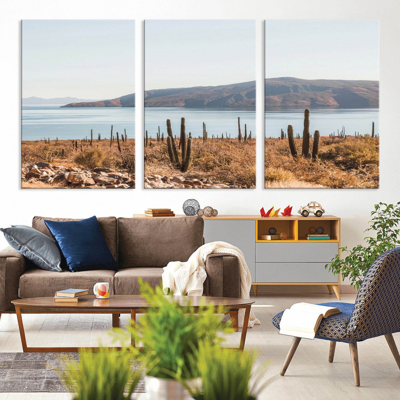 MGV-CV-60X30-3P - Desert Cactus Wall Art Canvas Print, Framed Baja Coastline Art Picture Print, Coastal Desert Perfect Southwestern Minimalist Decor Artwork